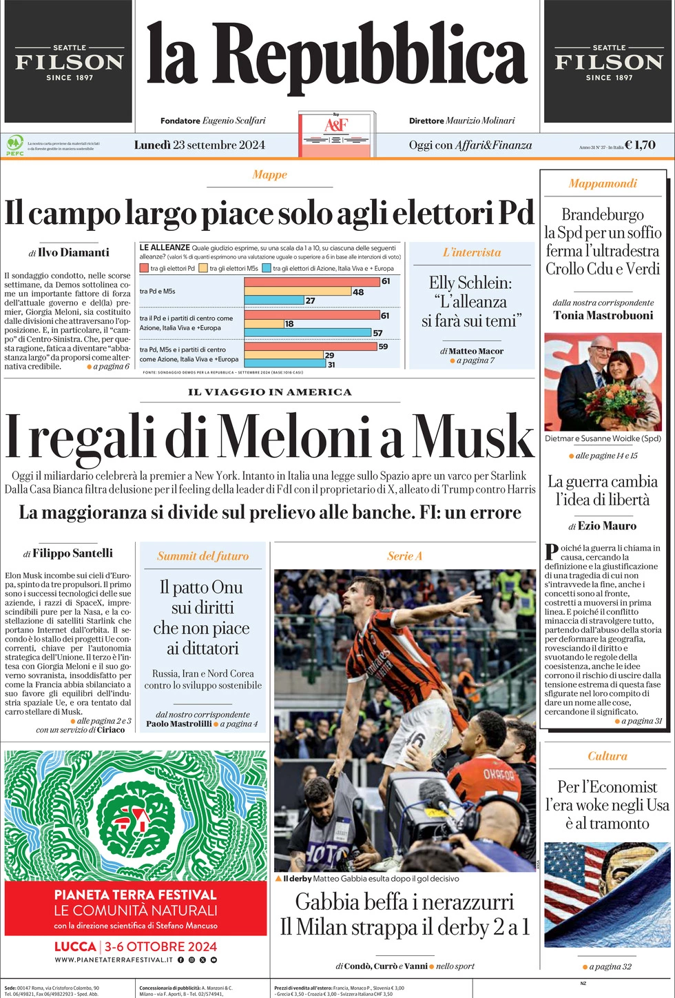 Prima-pagina-la-repubblica-edizione-di-oggi-23-09-2024