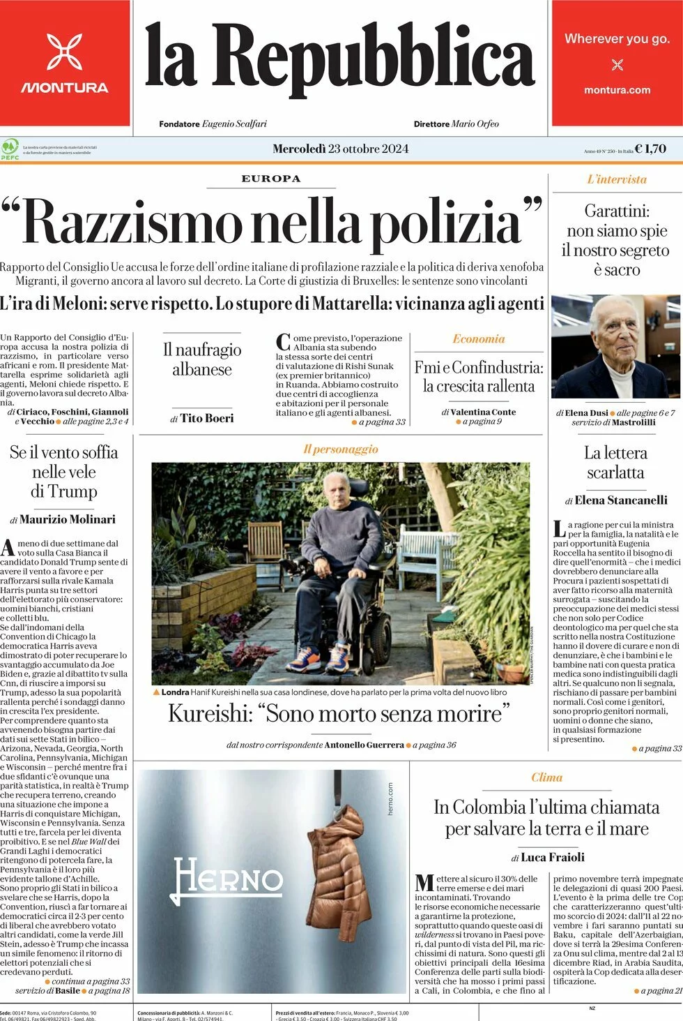 Prima-pagina-la-repubblica-edizione-di-oggi-23-10-2024