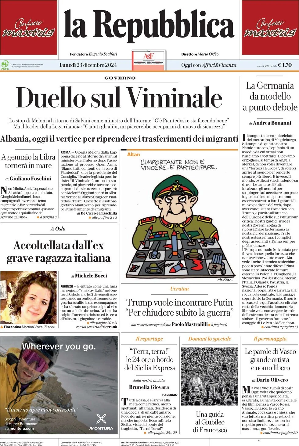 Prima-pagina-la-repubblica-edizione-di-oggi-23-12-2024