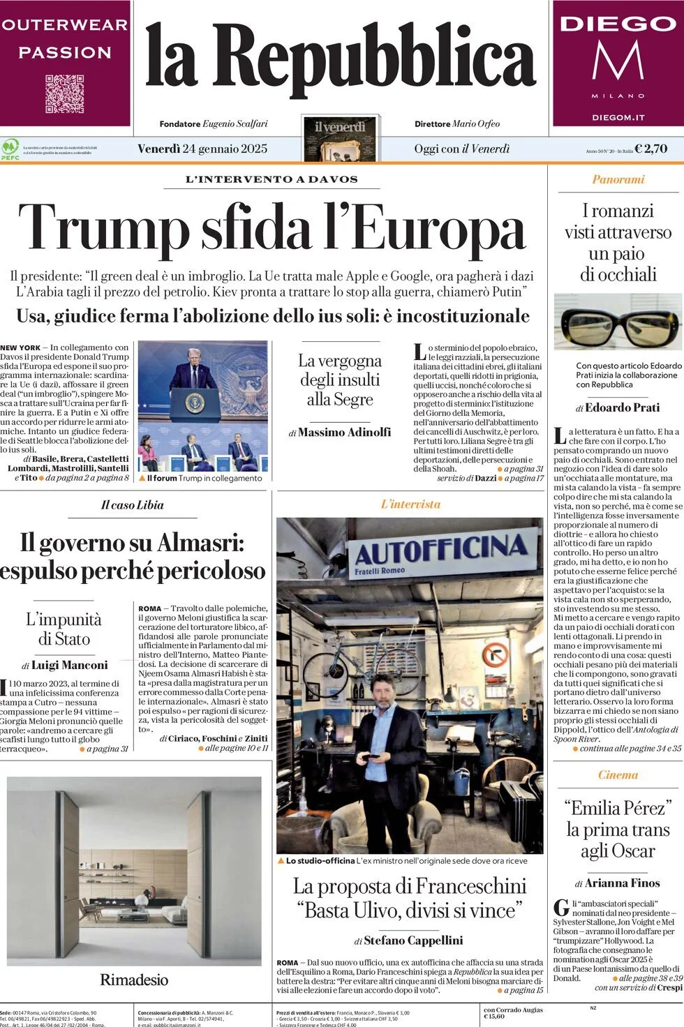 Prima-pagina-la-repubblica-edizione-di-oggi-24-01-2025