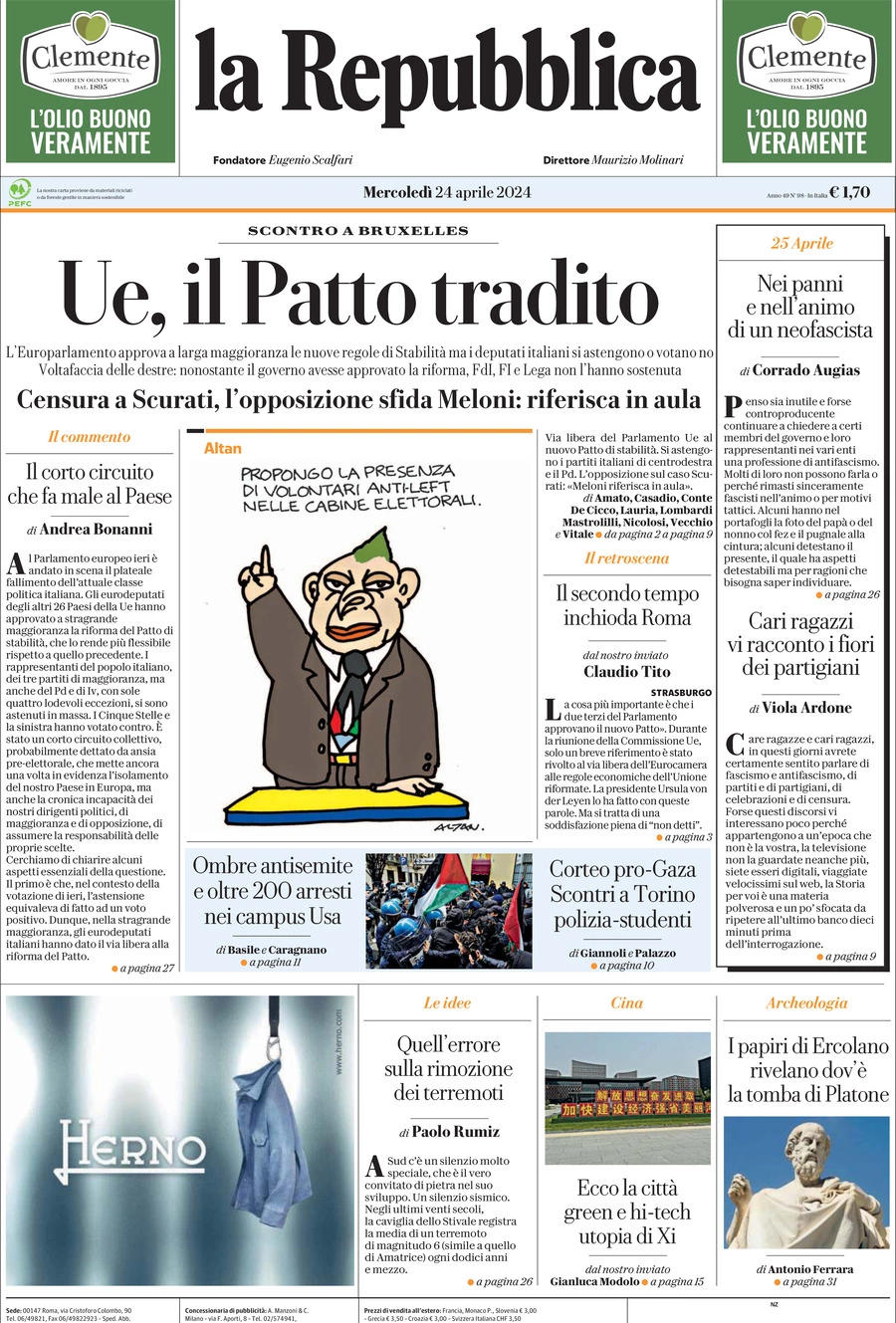 Prima-pagina-la-repubblica-edizione-di-oggi-24-04-2024