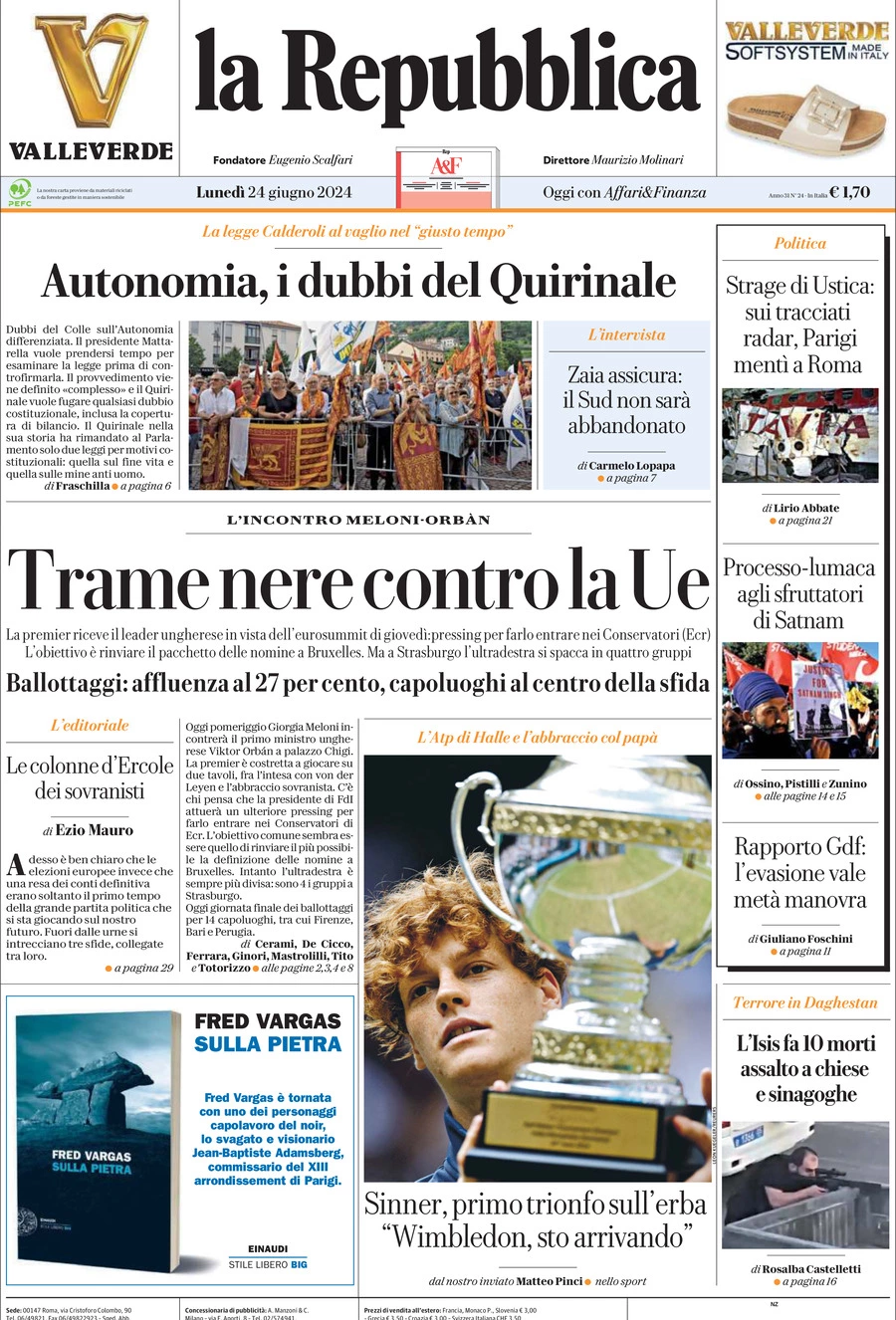 Prima-pagina-la-repubblica-edizione-di-oggi-24-06-2024