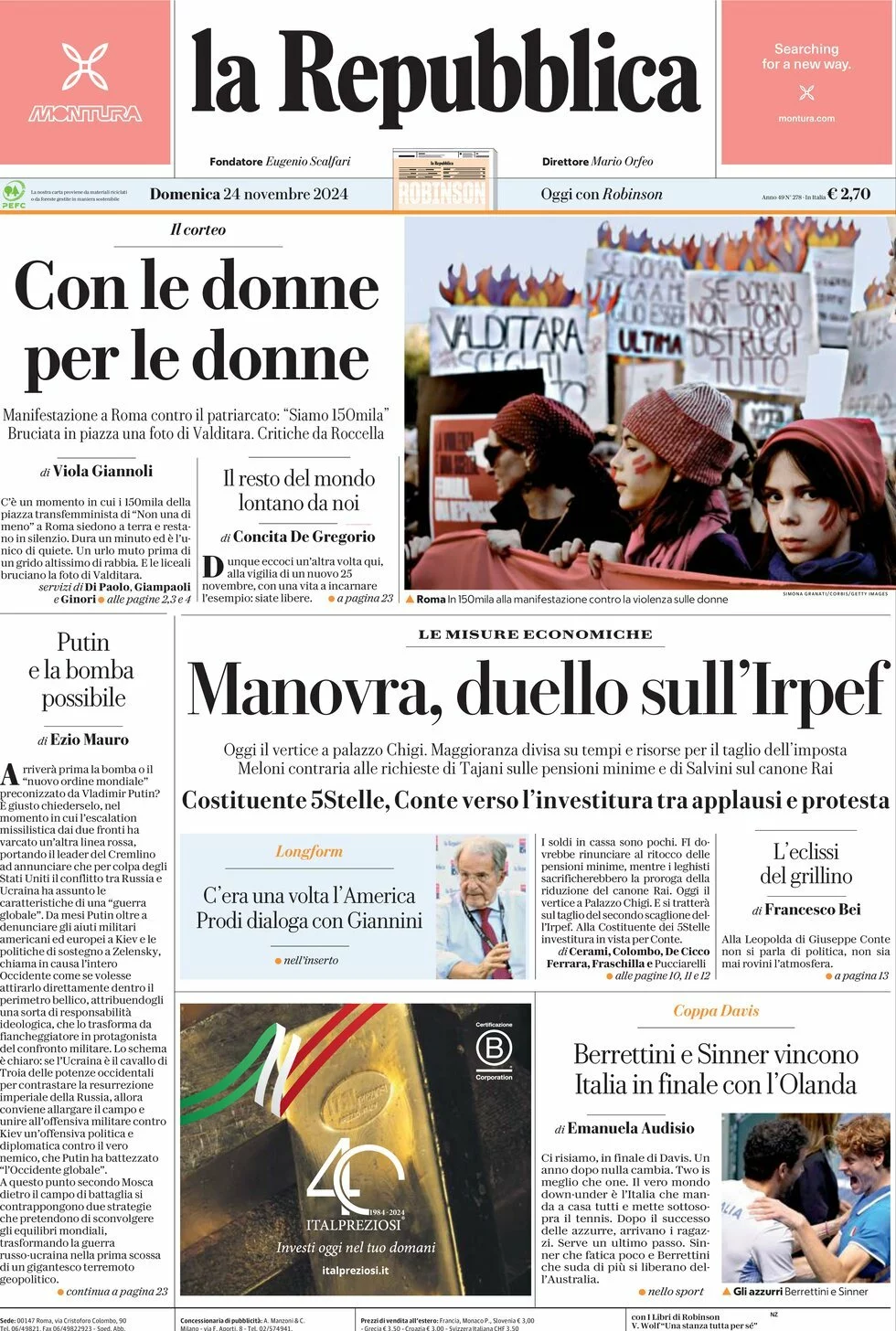 Prima-pagina-la-repubblica-edizione-di-oggi-24-11-2024