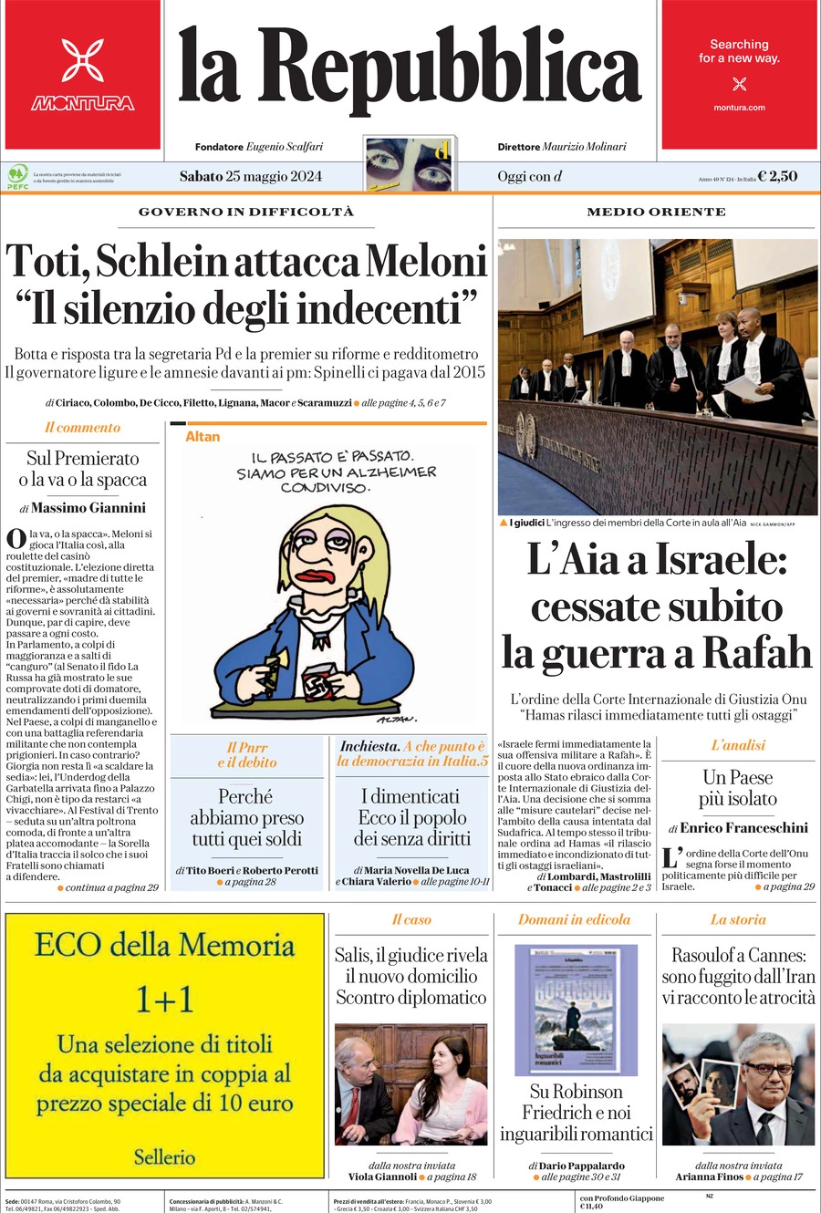 Prima-pagina-la-repubblica-edizione-di-oggi-25-05-2024