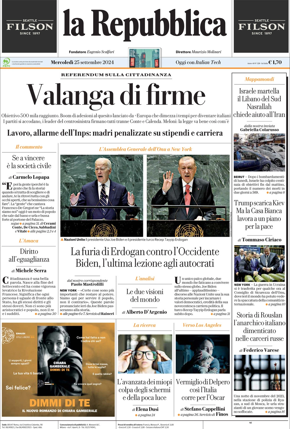 Prima-pagina-la-repubblica-edizione-di-oggi-25-09-2024