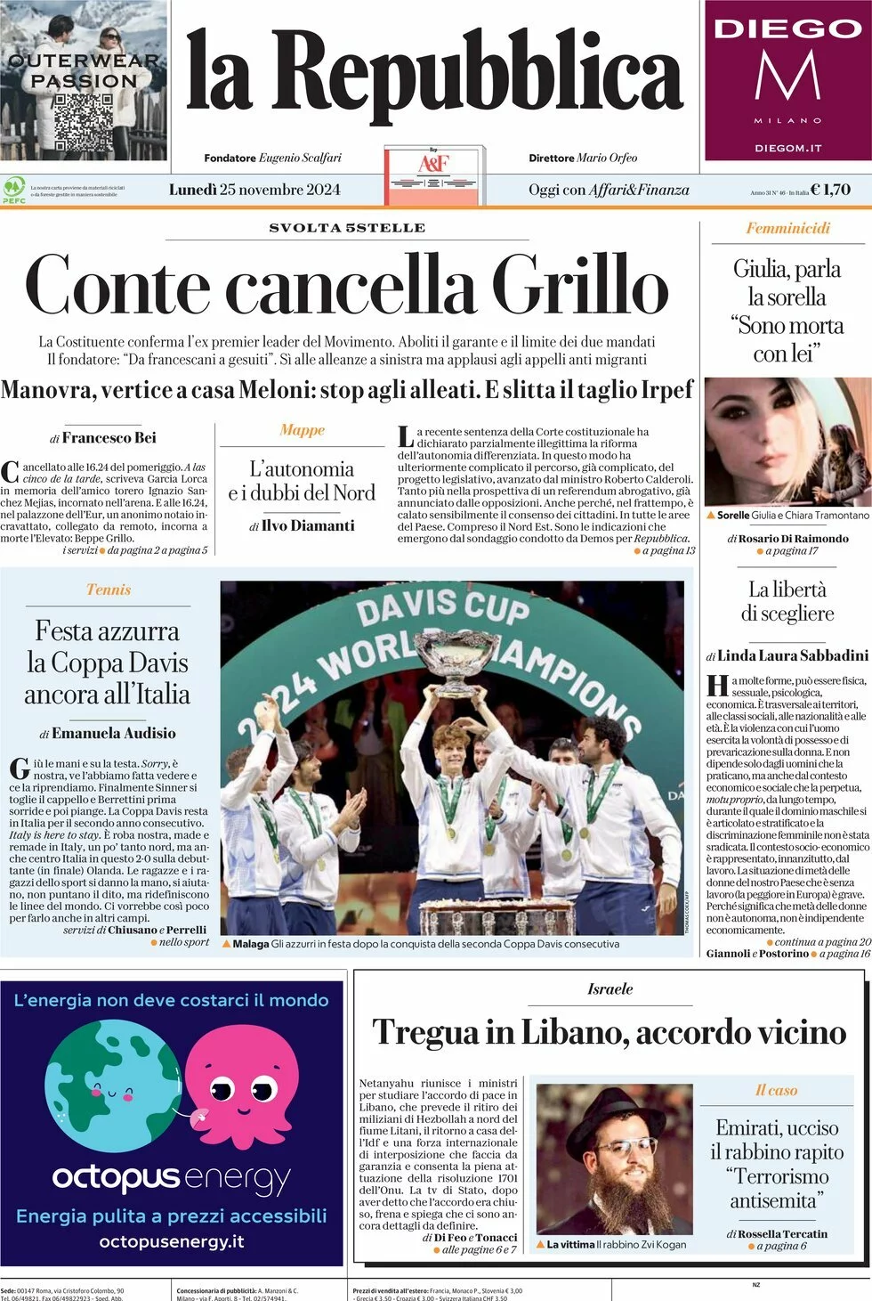 Prima-pagina-la-repubblica-edizione-di-oggi-25-11-2024