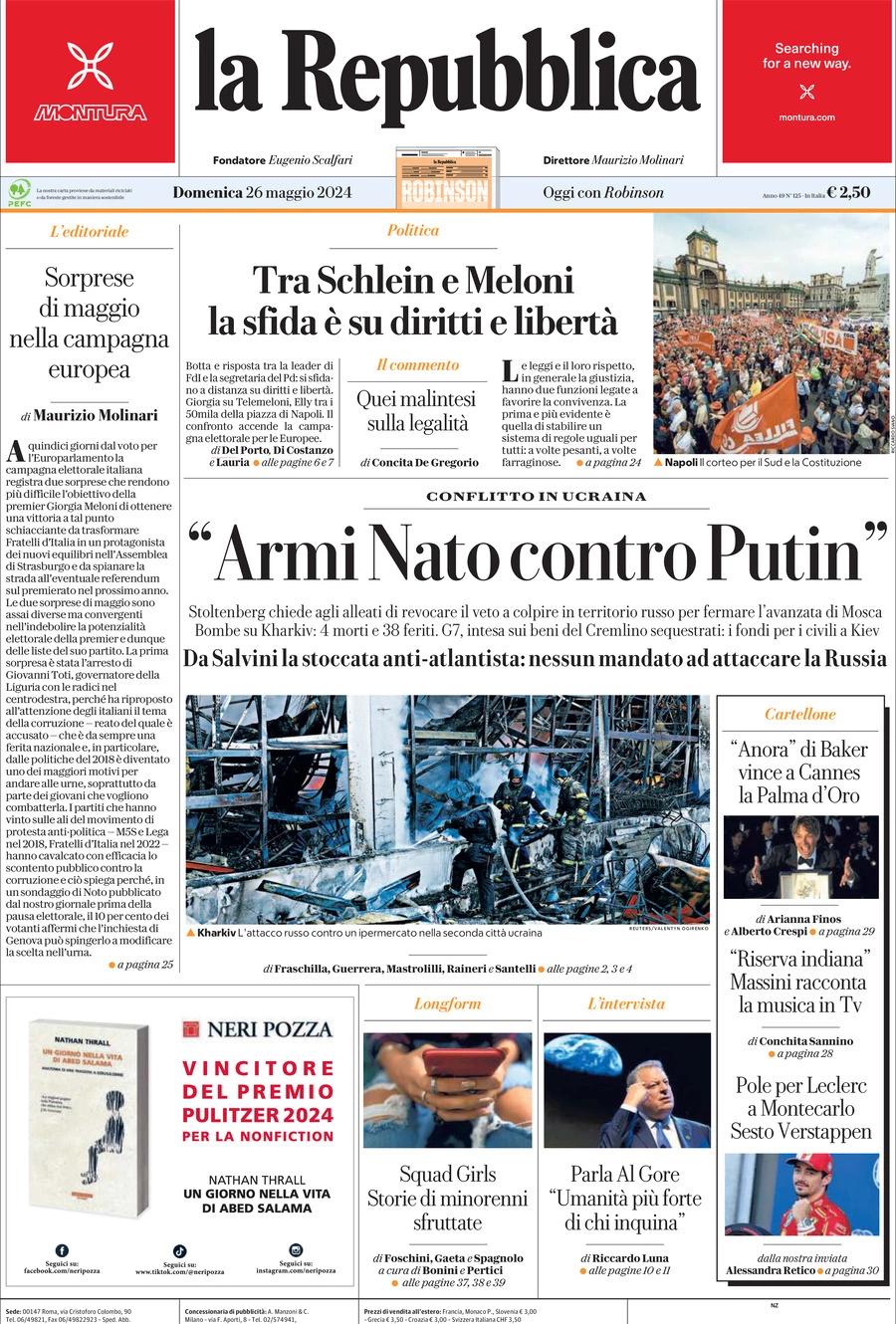 Prima-pagina-la-repubblica-edizione-di-oggi-26-05-2024