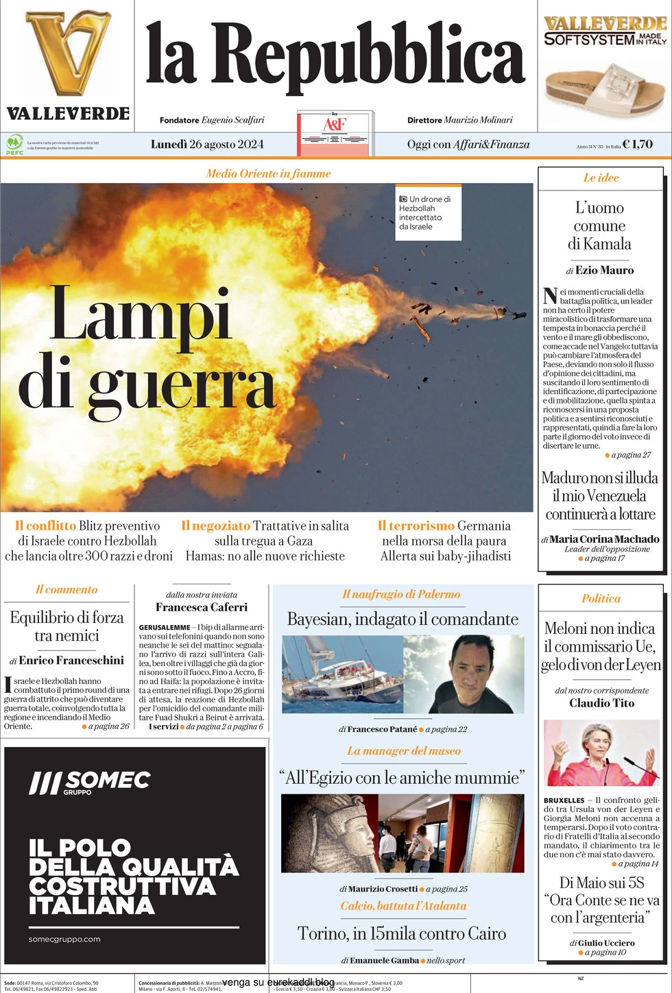 Prima-pagina-la-repubblica-edizione-di-oggi-26-08-2024