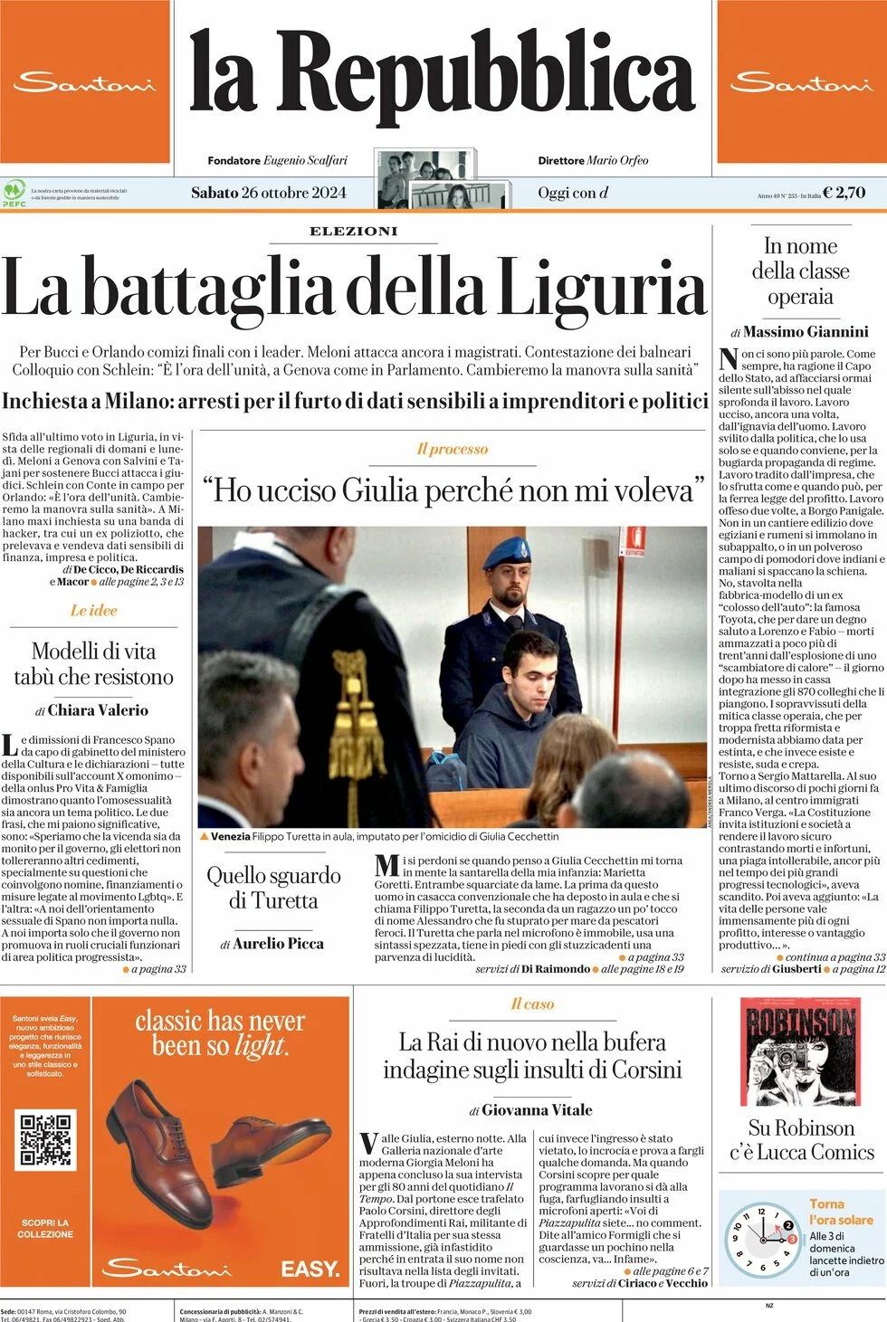 Prima-pagina-la-repubblica-edizione-di-oggi-26-10-2024