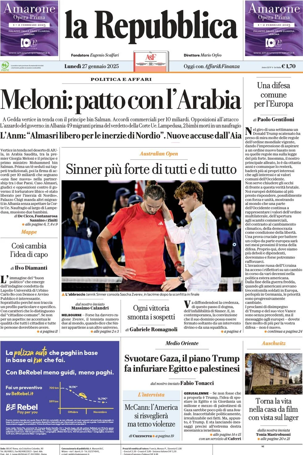 Prima-pagina-la-repubblica-edizione-di-oggi-27-01-2025