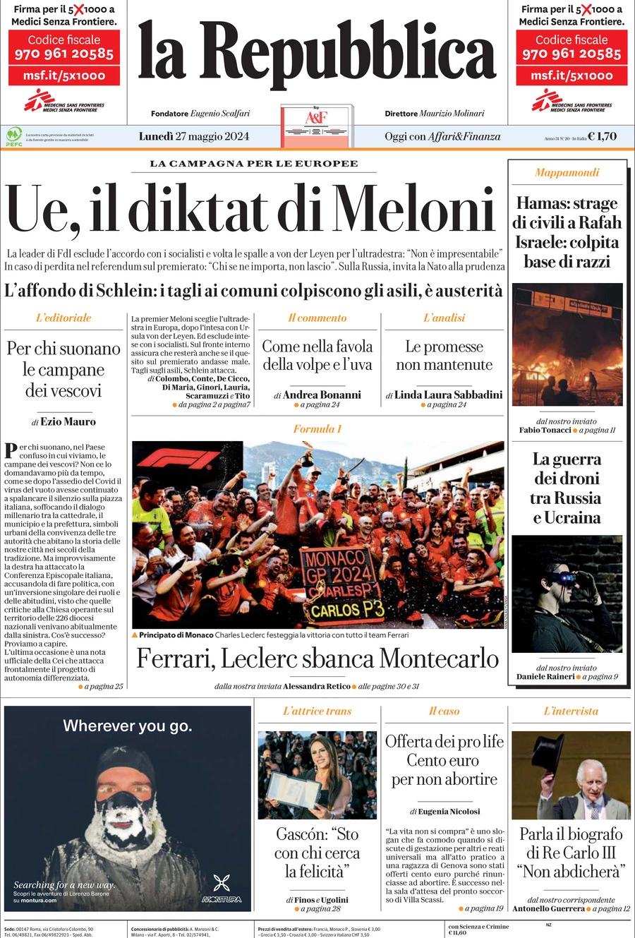 Prima-pagina-la-repubblica-edizione-di-oggi-27-05-2024