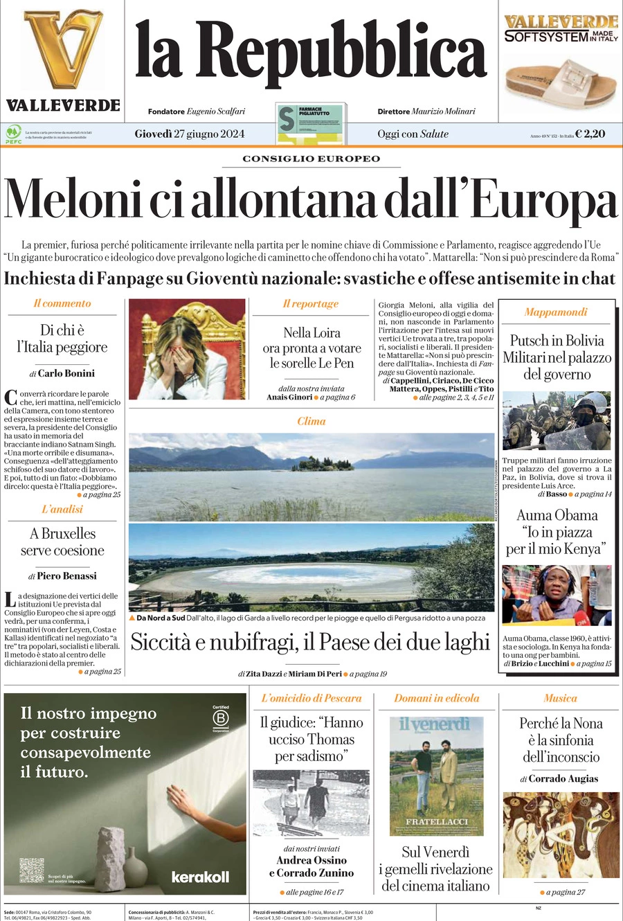 Prima-pagina-la-repubblica-edizione-di-oggi-27-06-2024