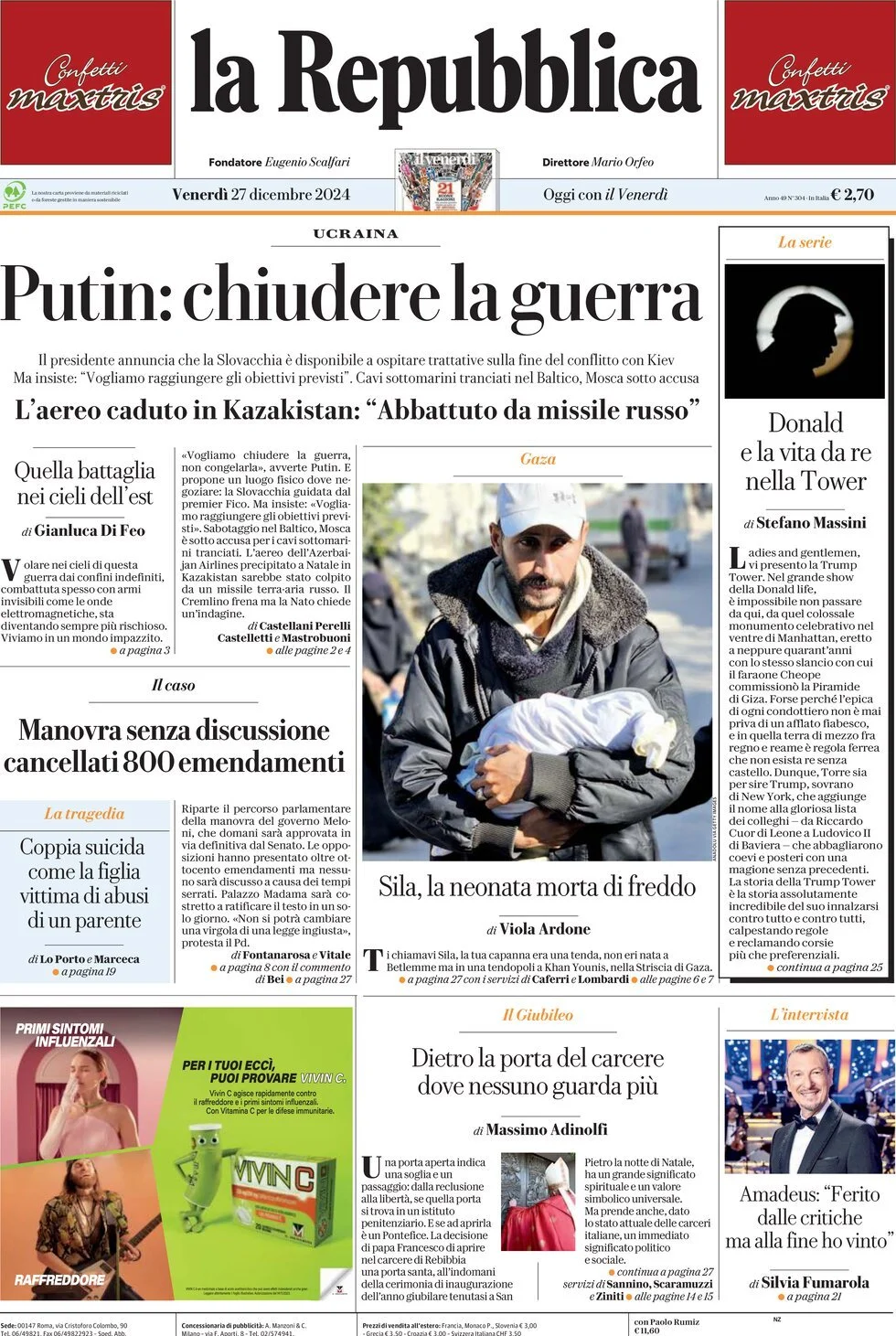 Prima-pagina-la-repubblica-edizione-di-oggi-27-12-2024