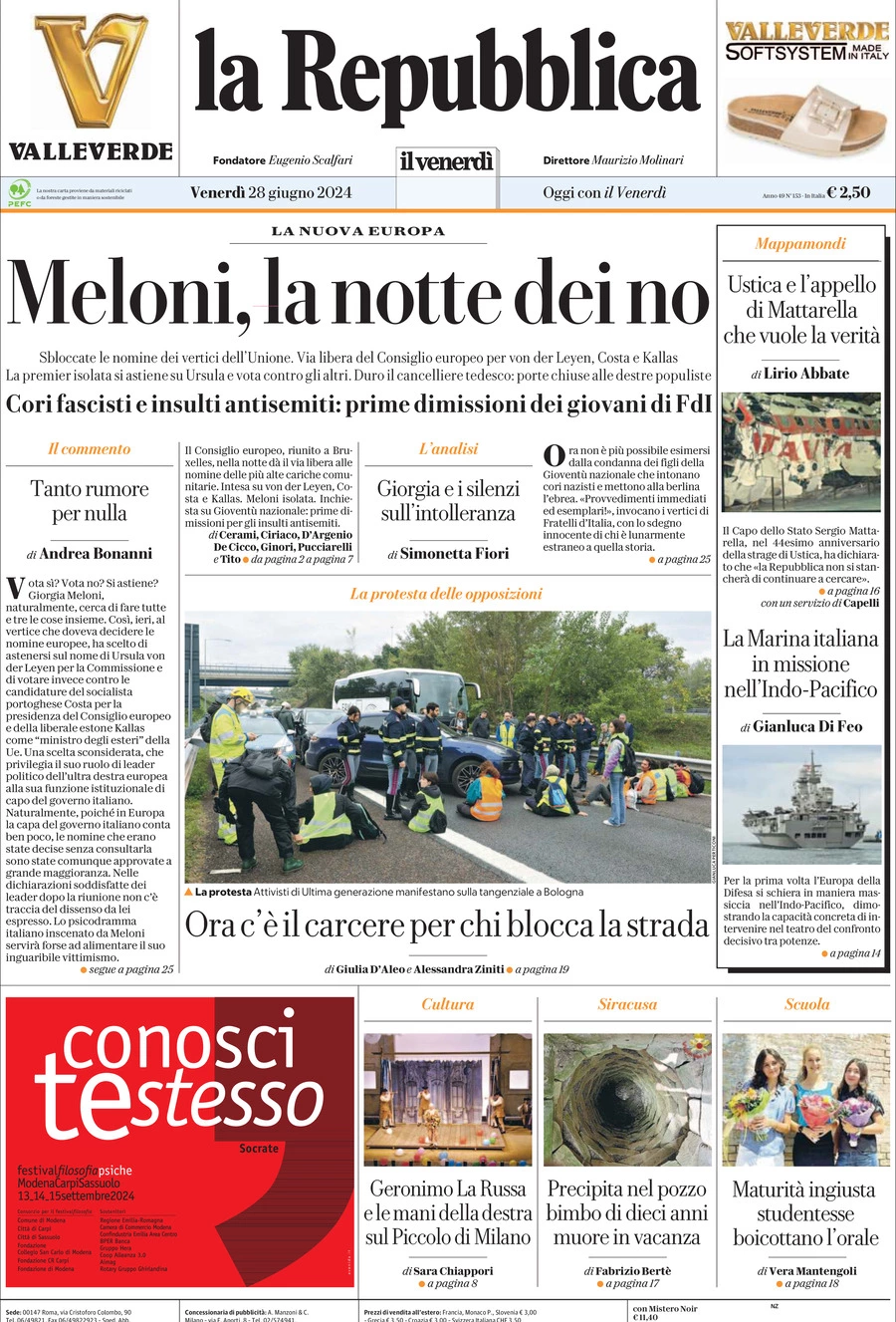 Prima-pagina-la-repubblica-edizione-di-oggi-28-06-2024