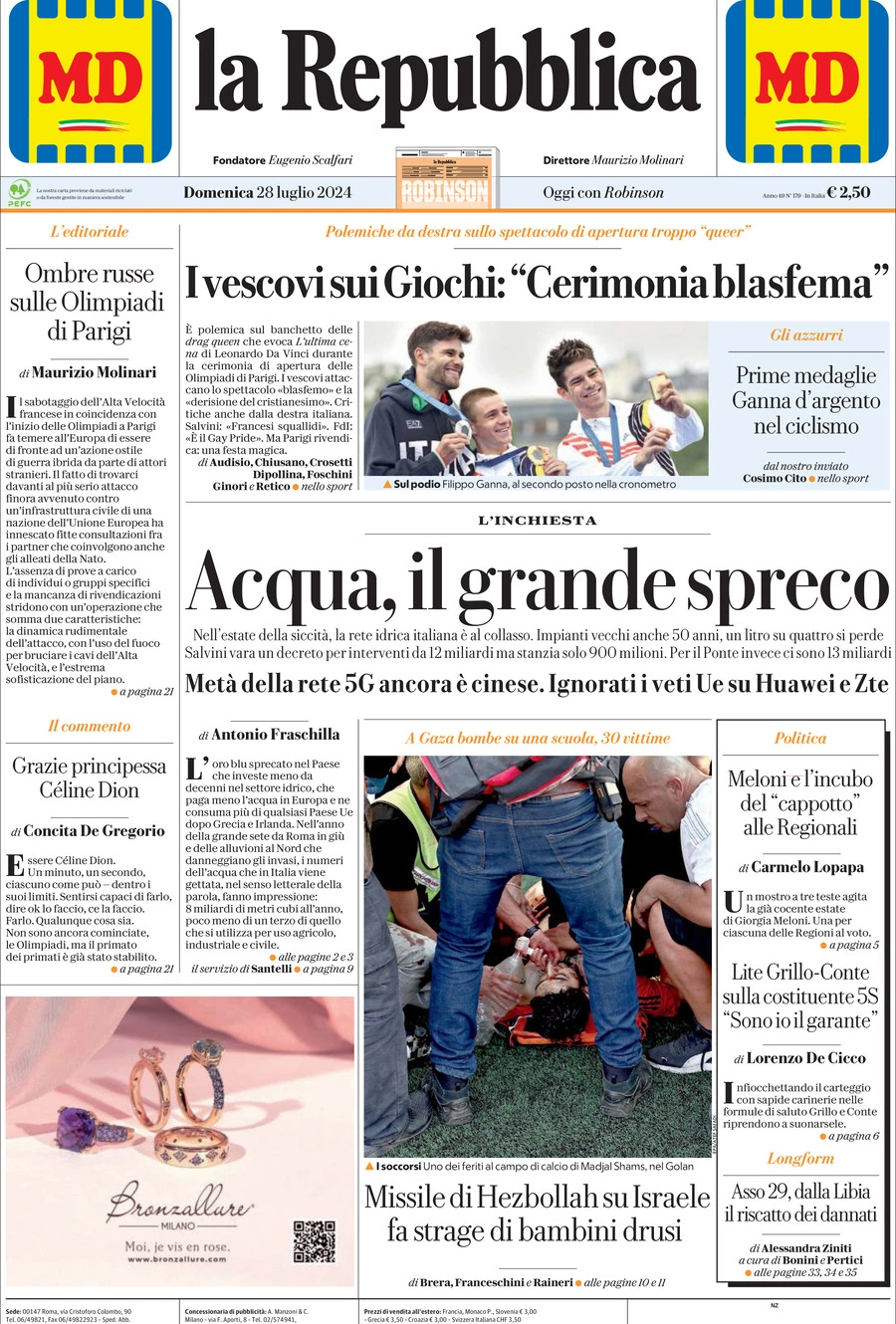 Prima-pagina-la-repubblica-edizione-di-oggi-28-07-2024