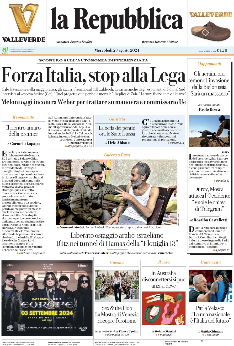 Prima-pagina-la-repubblica-edizione-di-oggi-28-08-2024