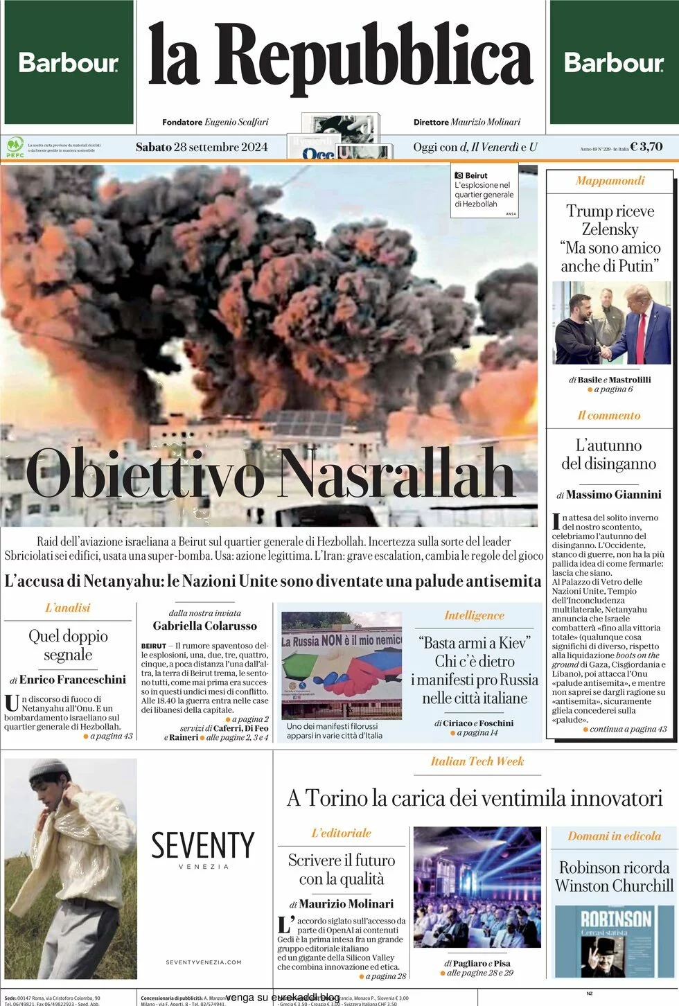 Prima-pagina-la-repubblica-edizione-di-oggi-28-09-2024