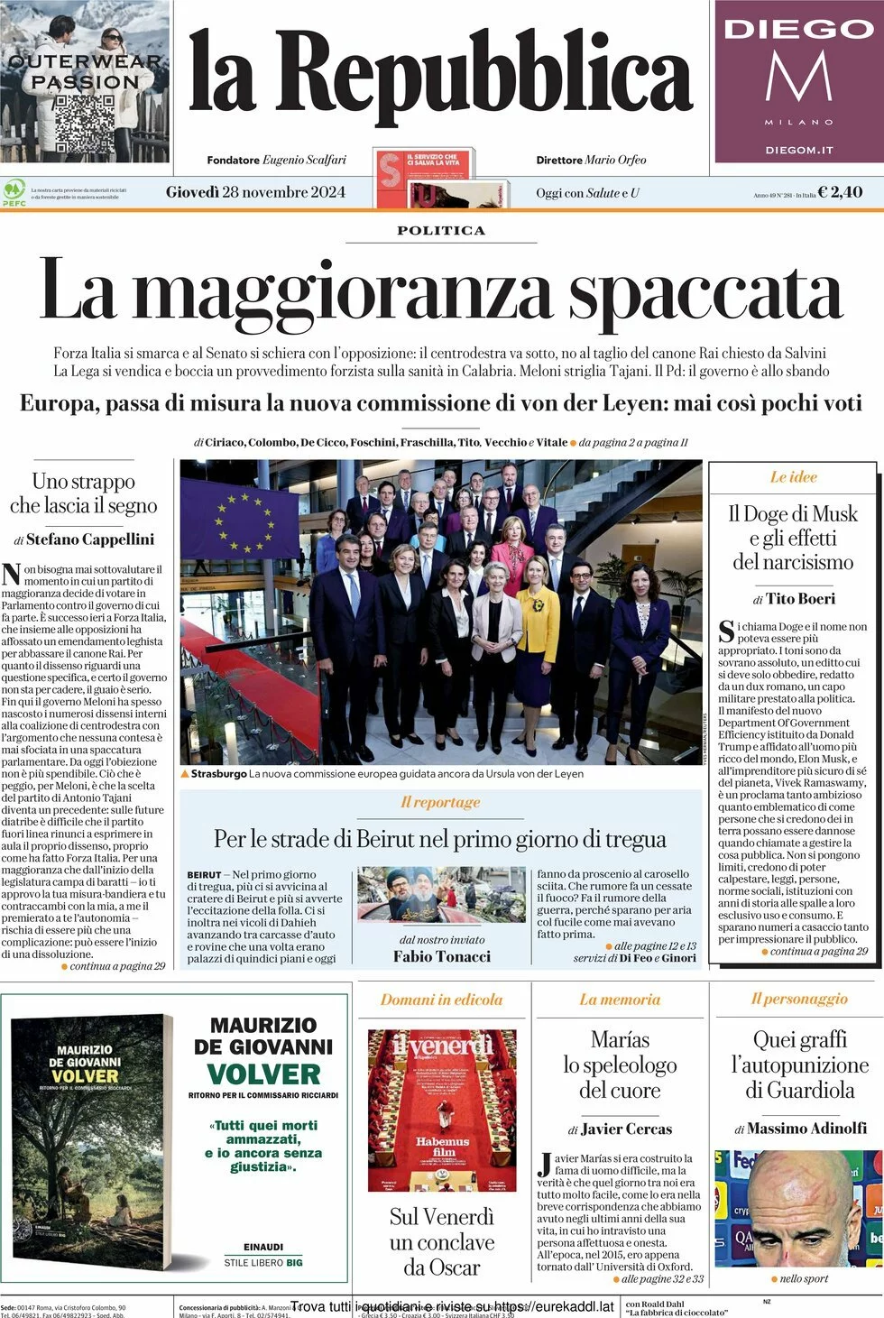 Prima-pagina-la-repubblica-edizione-di-oggi-28-11-2024