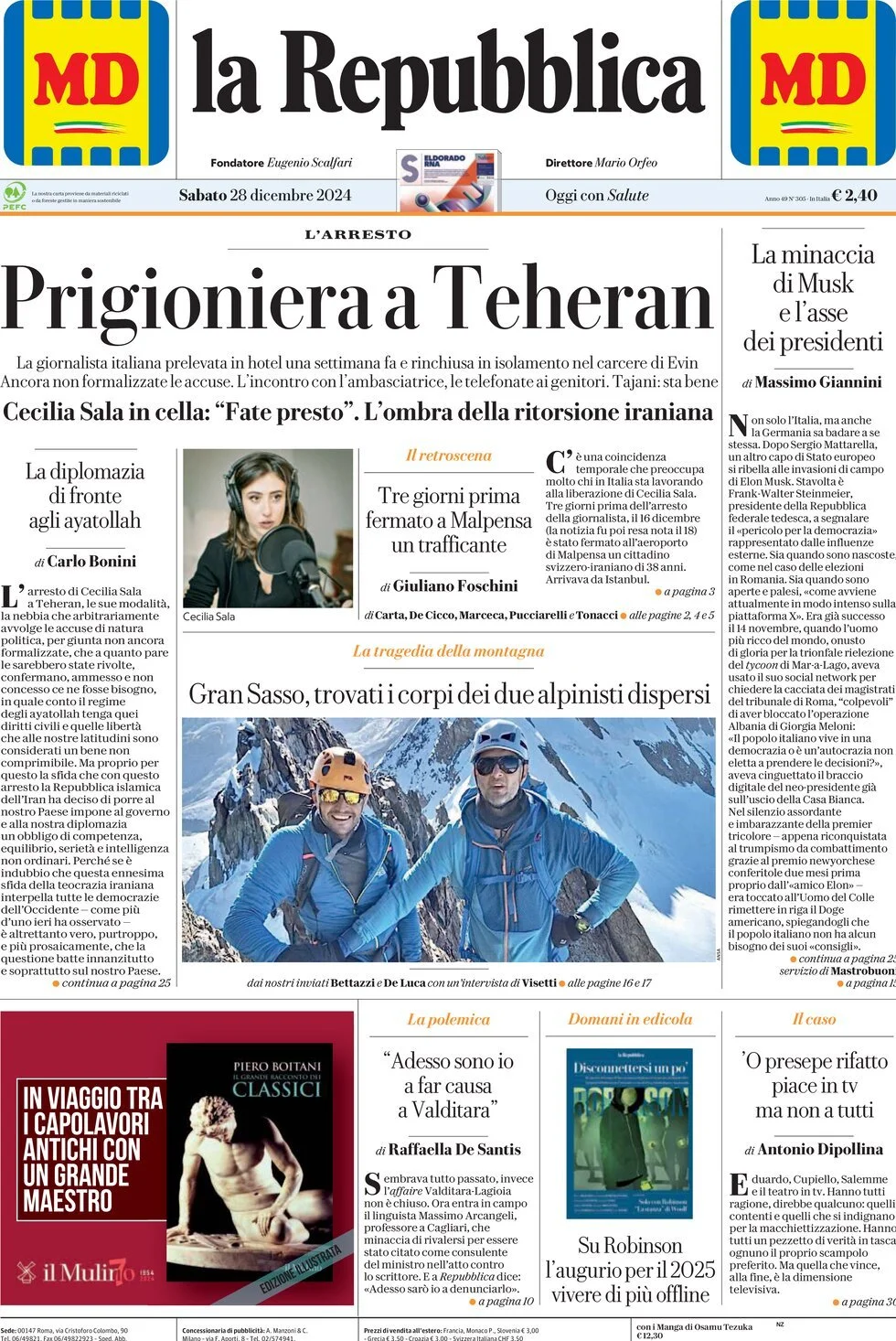 Prima-pagina-la-repubblica-edizione-di-oggi-28-12-2024