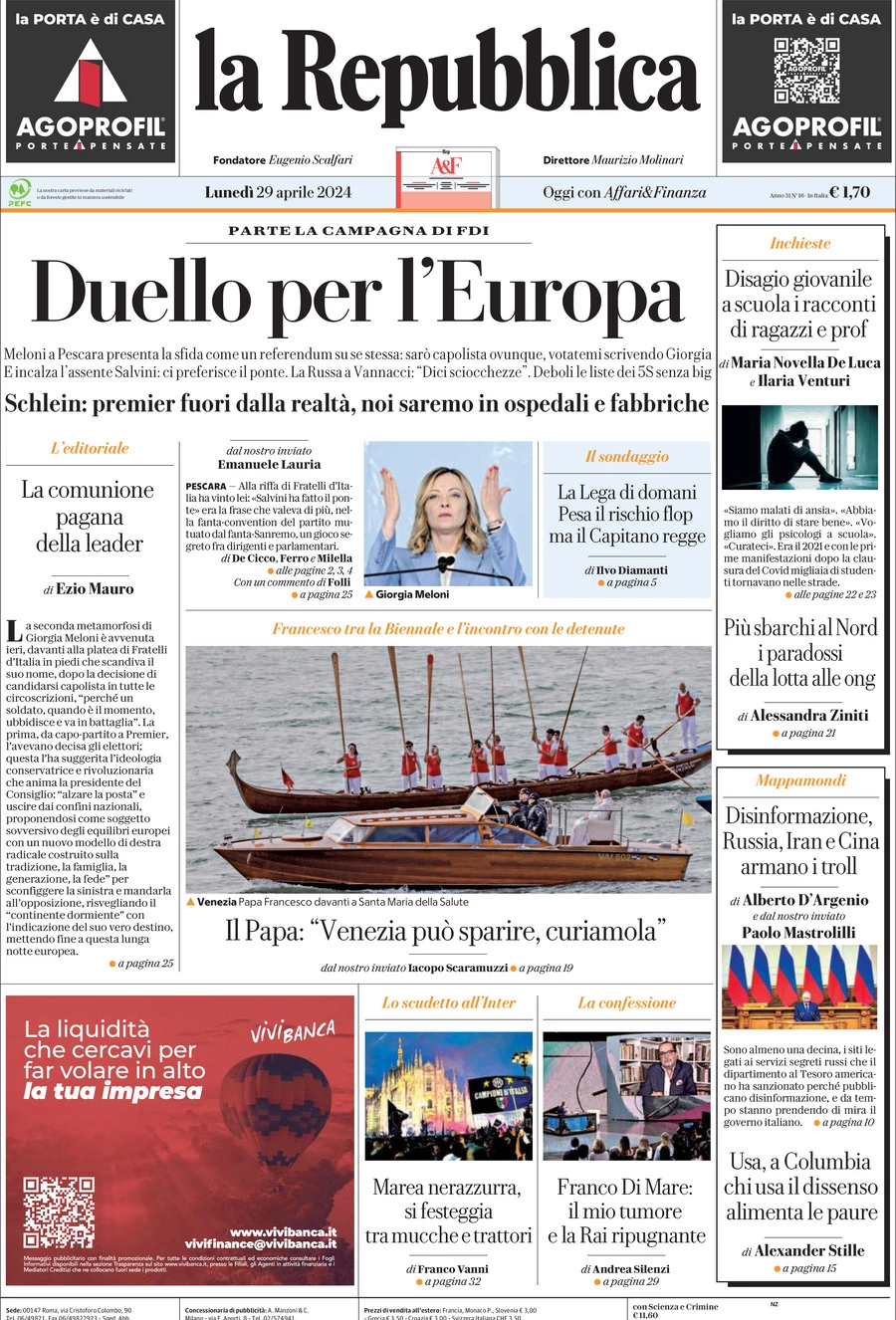 Prima-pagina-la-repubblica-edizione-di-oggi-29-04-2024