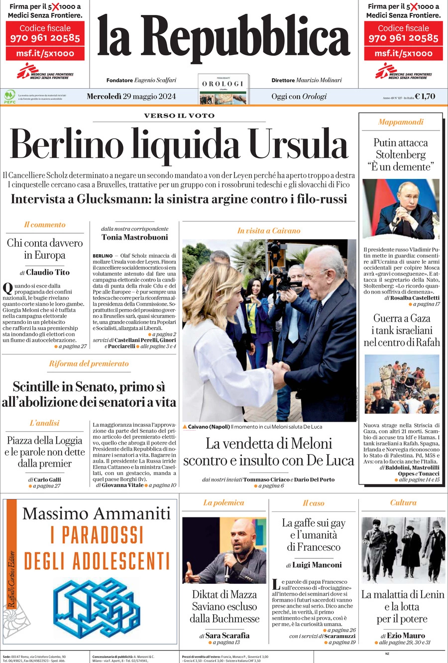 Prima-pagina-la-repubblica-edizione-di-oggi-29-05-2024