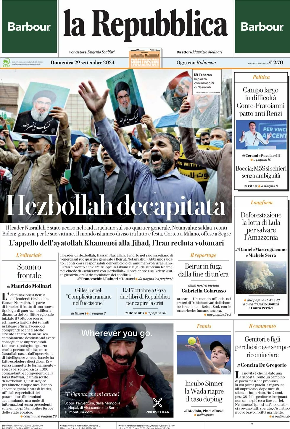 Prima-pagina-la-repubblica-edizione-di-oggi-29-09-2024