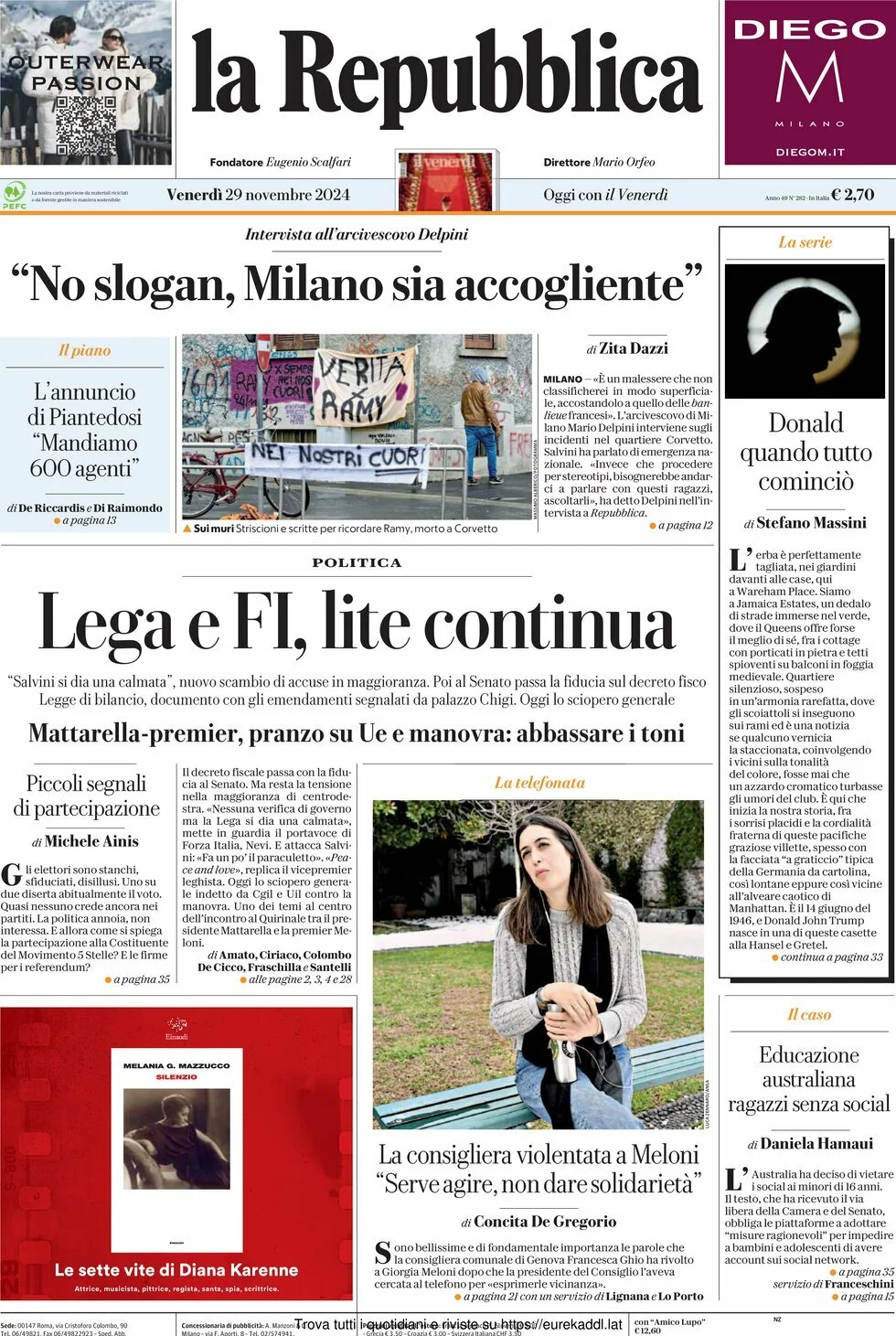 Prima-pagina-la-repubblica-edizione-di-oggi-29-11-2024