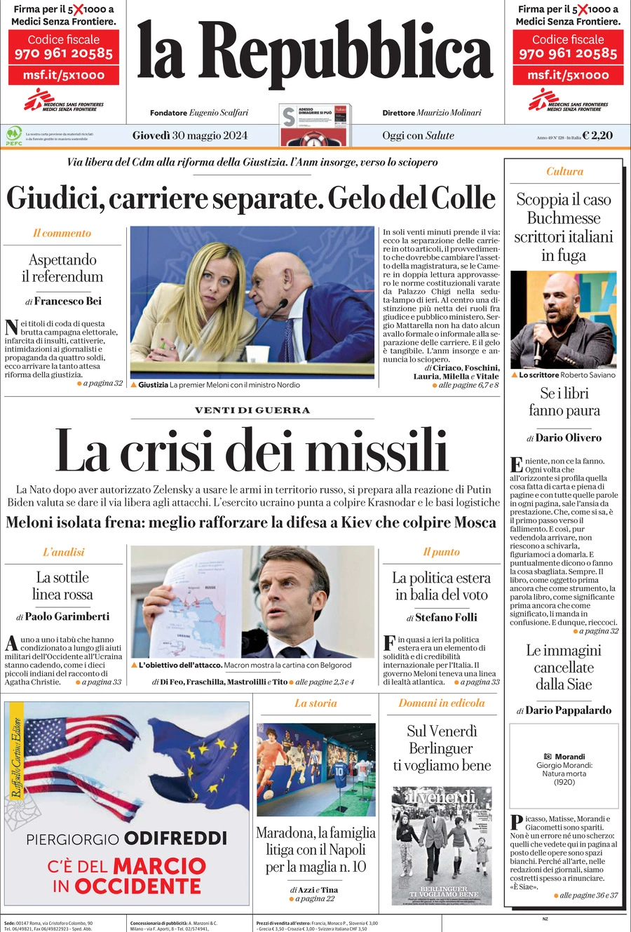 Prima-pagina-la-repubblica-edizione-di-oggi-30-05-2024