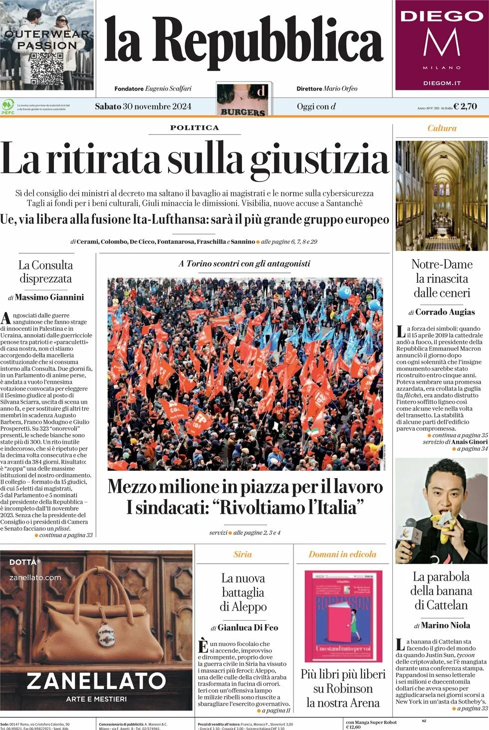 Prima-pagina-la-repubblica-edizione-di-oggi-30-11-2024