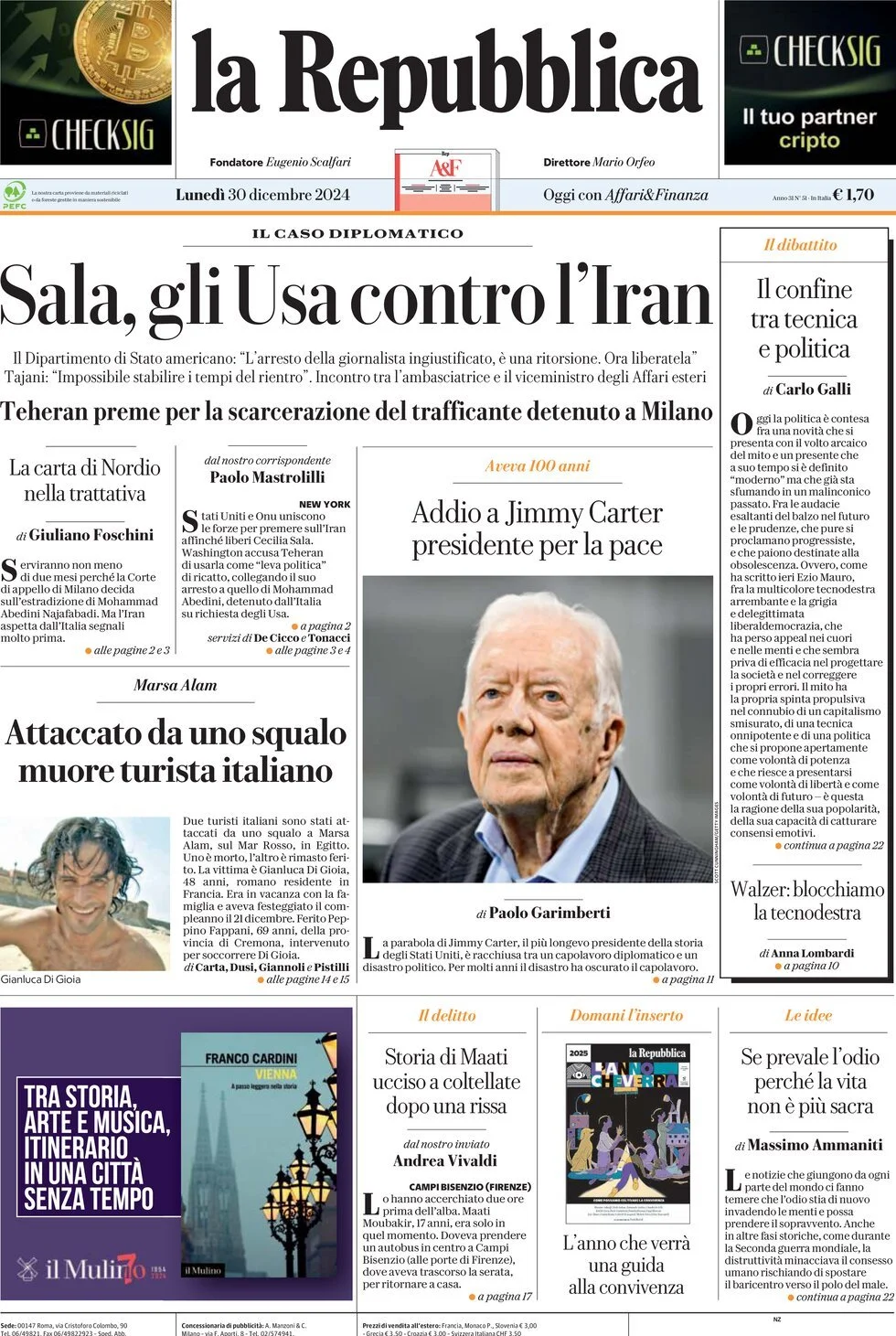 Prima-pagina-la-repubblica-edizione-di-oggi-30-12-2024