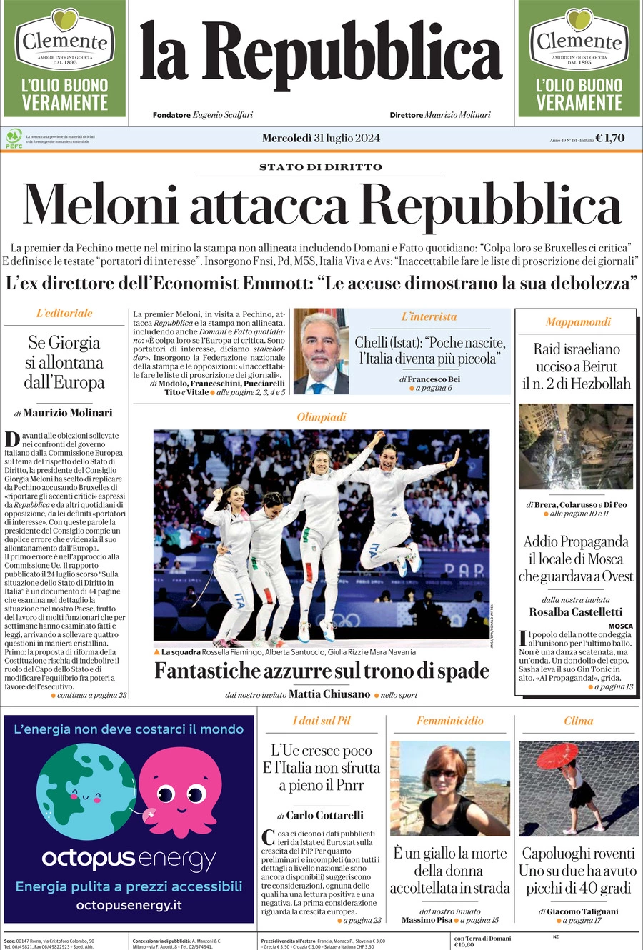 Prima-pagina-la-repubblica-edizione-di-oggi-31-07-2024