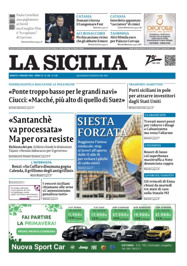 Prima-pagina-la-sicilia-edizione-palermo-di-oggi-04-05-2024