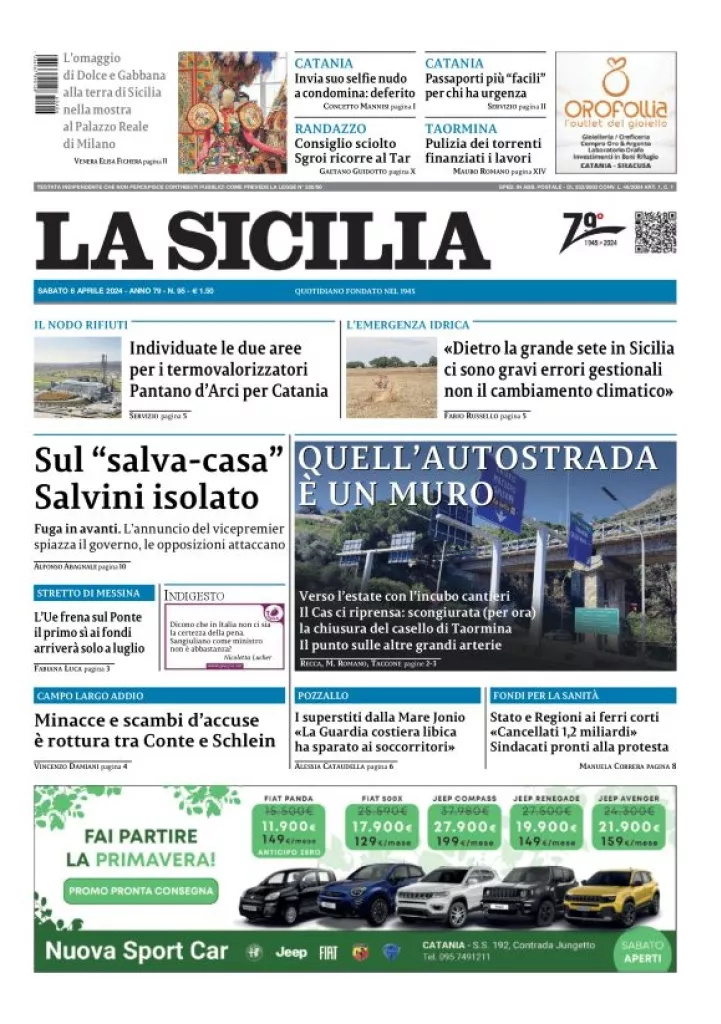 Prima-pagina-la-sicilia-edizione-palermo-di-oggi-06-04-2024