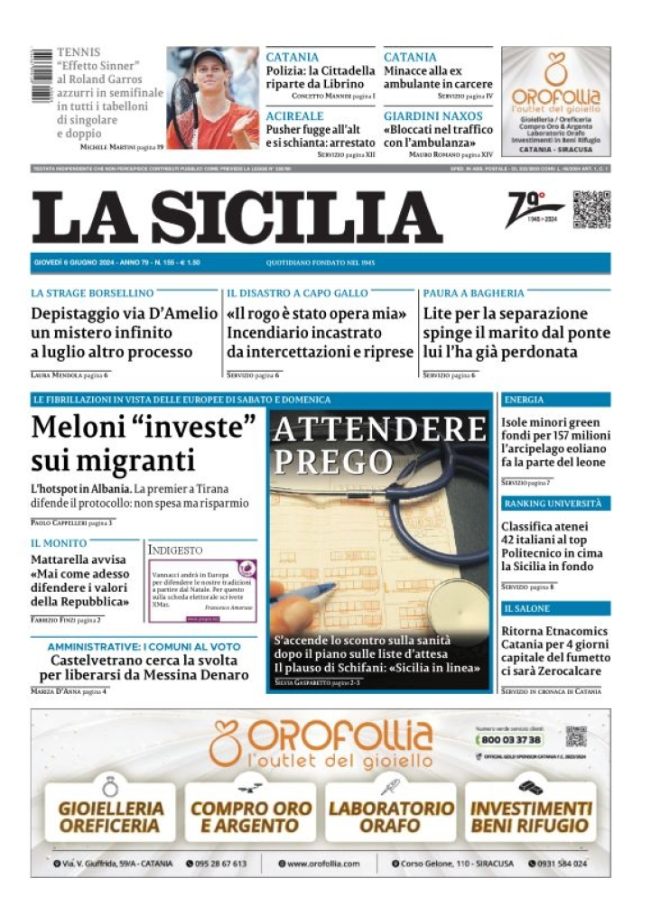 Prima-pagina-la-sicilia-edizione-palermo-di-oggi-06-06-2024