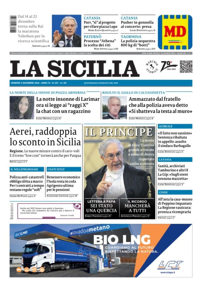 Prima-pagina-la-sicilia-edizione-palermo-di-oggi-06-12-2024