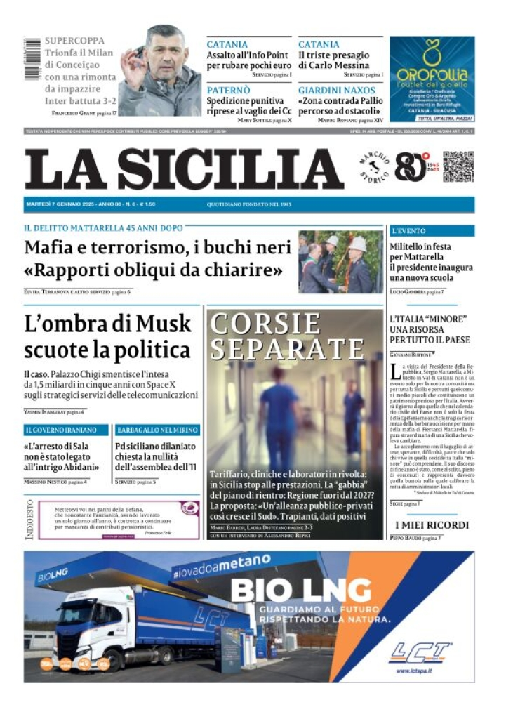 Prima-pagina-la-sicilia-edizione-palermo-di-oggi-07-01-2025