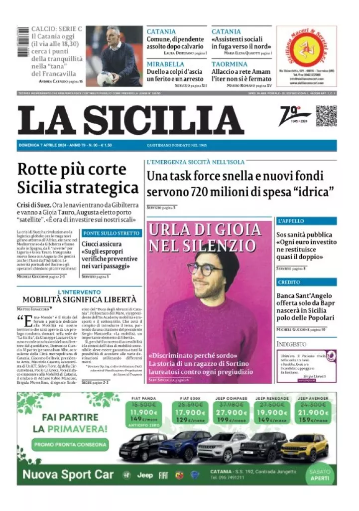 Prima-pagina-la-sicilia-edizione-palermo-di-oggi-07-04-2024