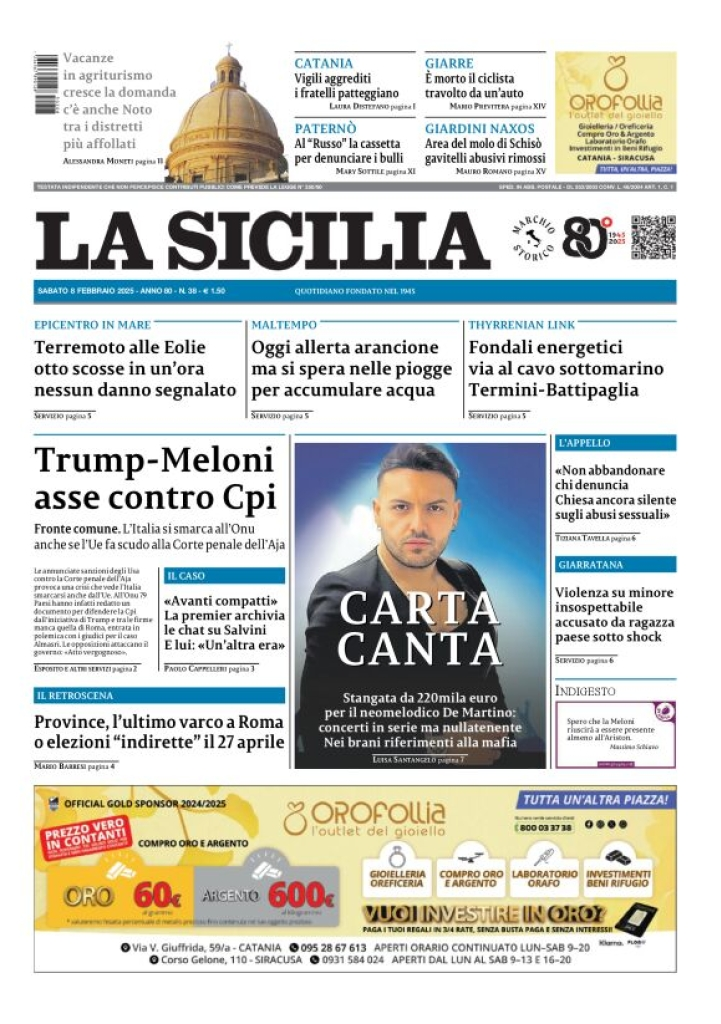 Prima-pagina-la-sicilia-edizione-palermo-di-oggi-08-02-2025