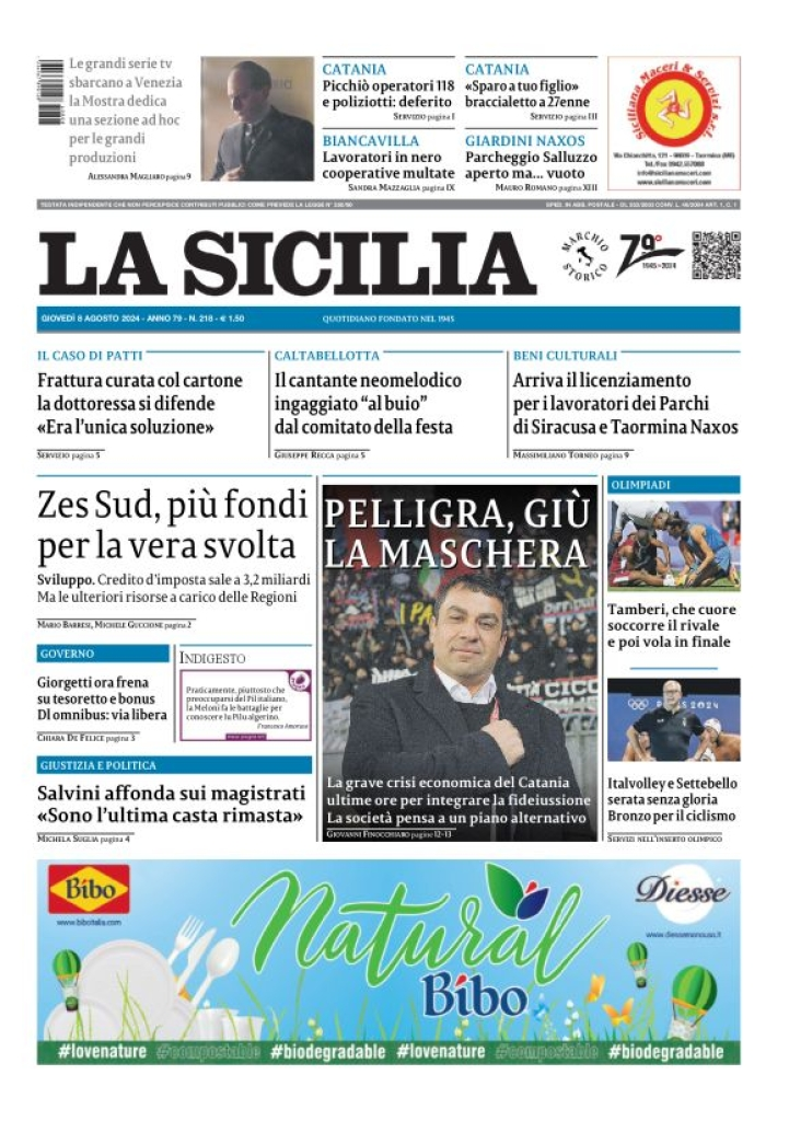 Prima-pagina-la-sicilia-edizione-palermo-di-oggi-08-08-2024