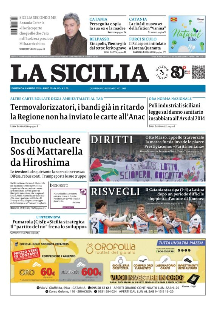 Prima-pagina-la-sicilia-edizione-palermo-di-oggi-09-03-2025