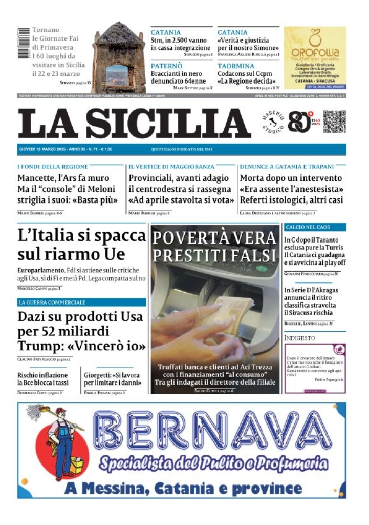 Prima-pagina-la-sicilia-edizione-palermo-di-oggi-13-03-2025