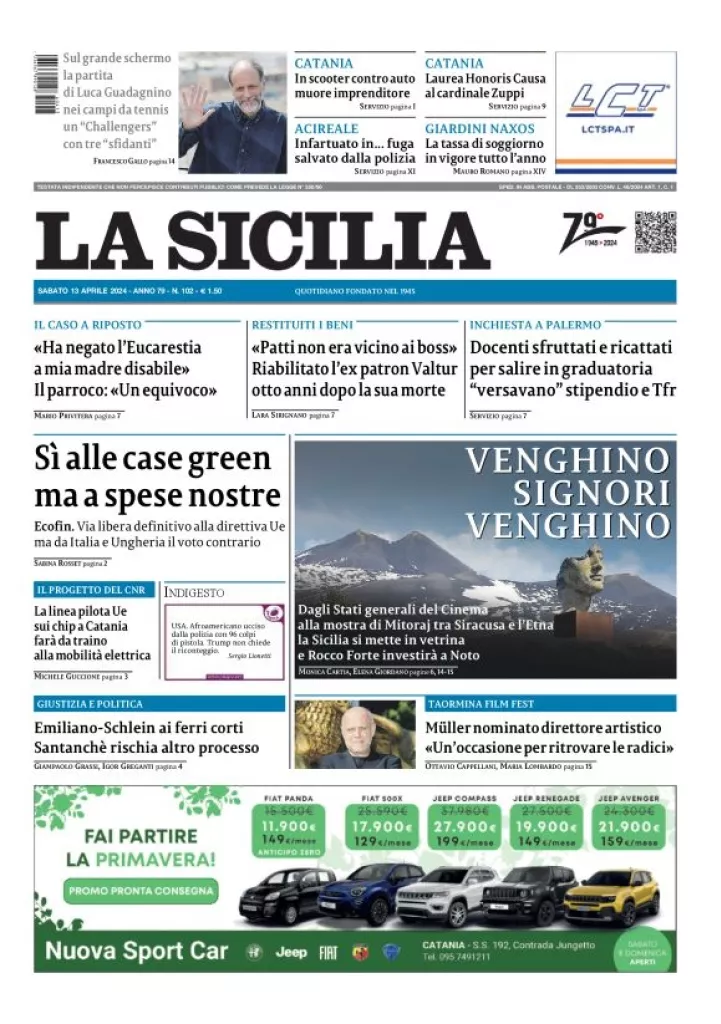 Prima-pagina-la-sicilia-edizione-palermo-di-oggi-13-04-2024