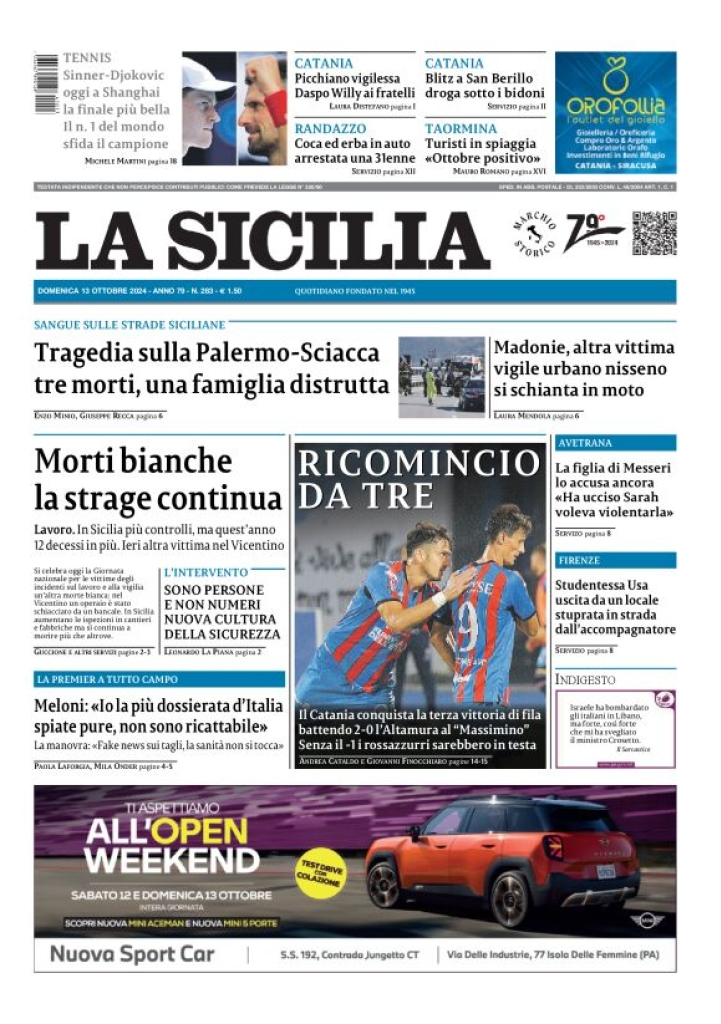 Prima-pagina-la-sicilia-edizione-palermo-di-oggi-13-10-2024