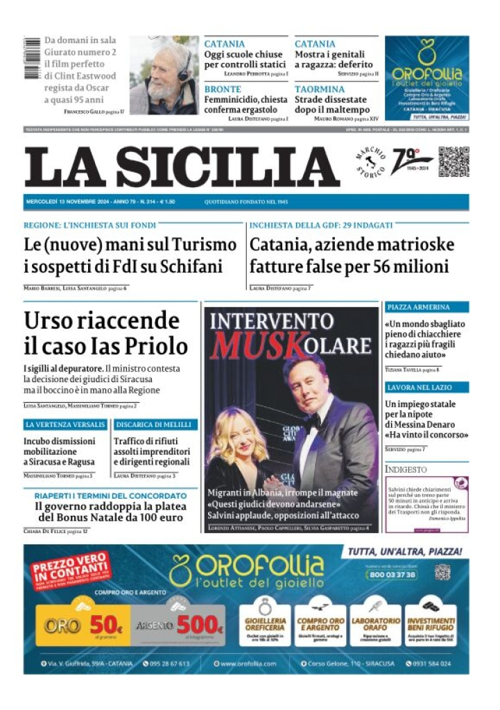 Prima-pagina-la-sicilia-edizione-palermo-di-oggi-13-11-2024