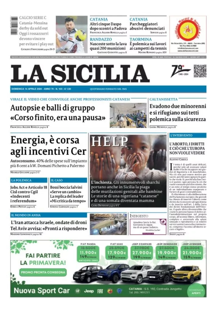 Prima-pagina-la-sicilia-edizione-palermo-di-oggi-14-04-2024