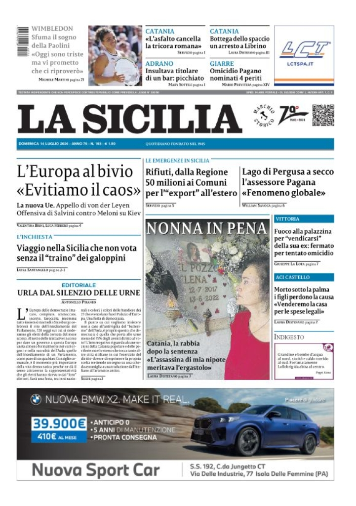 Prima-pagina-la-sicilia-edizione-palermo-di-oggi-14-07-2024