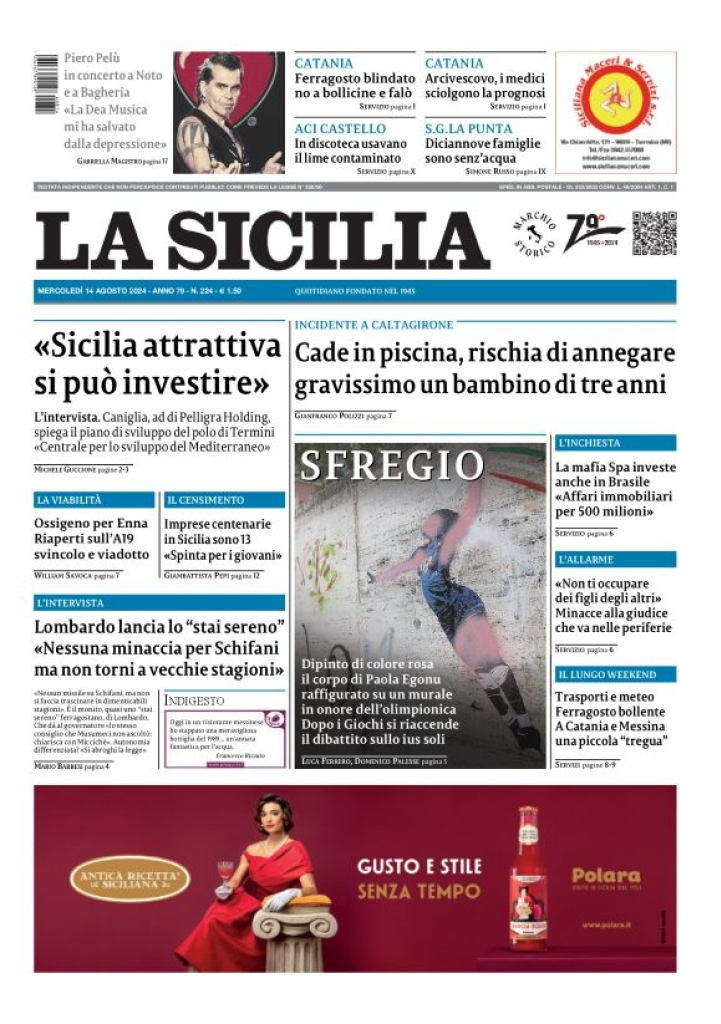 Prima-pagina-la-sicilia-edizione-palermo-di-oggi-14-08-2024