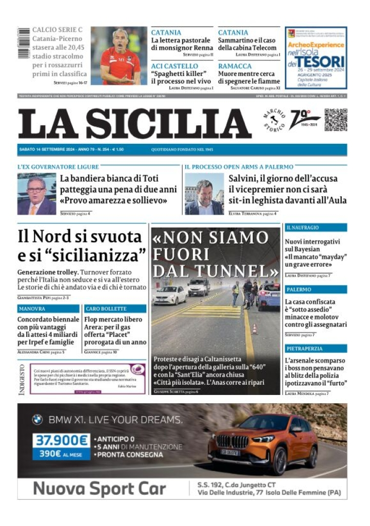 Prima-pagina-la-sicilia-edizione-palermo-di-oggi-14-09-2024