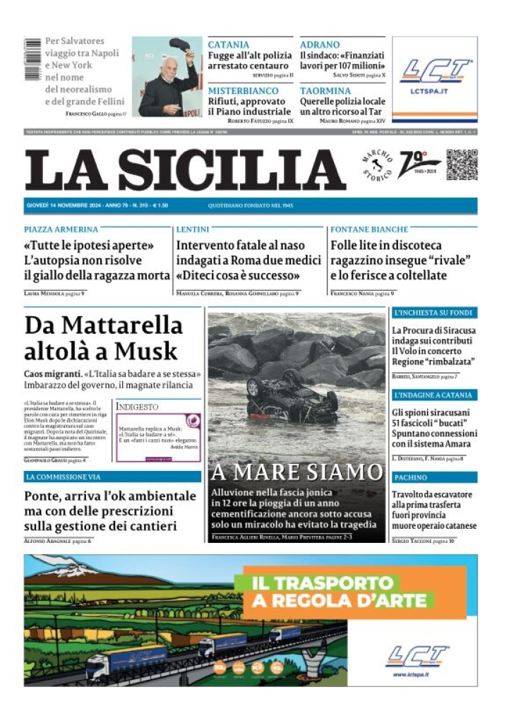 Prima-pagina-la-sicilia-edizione-palermo-di-oggi-14-11-2024