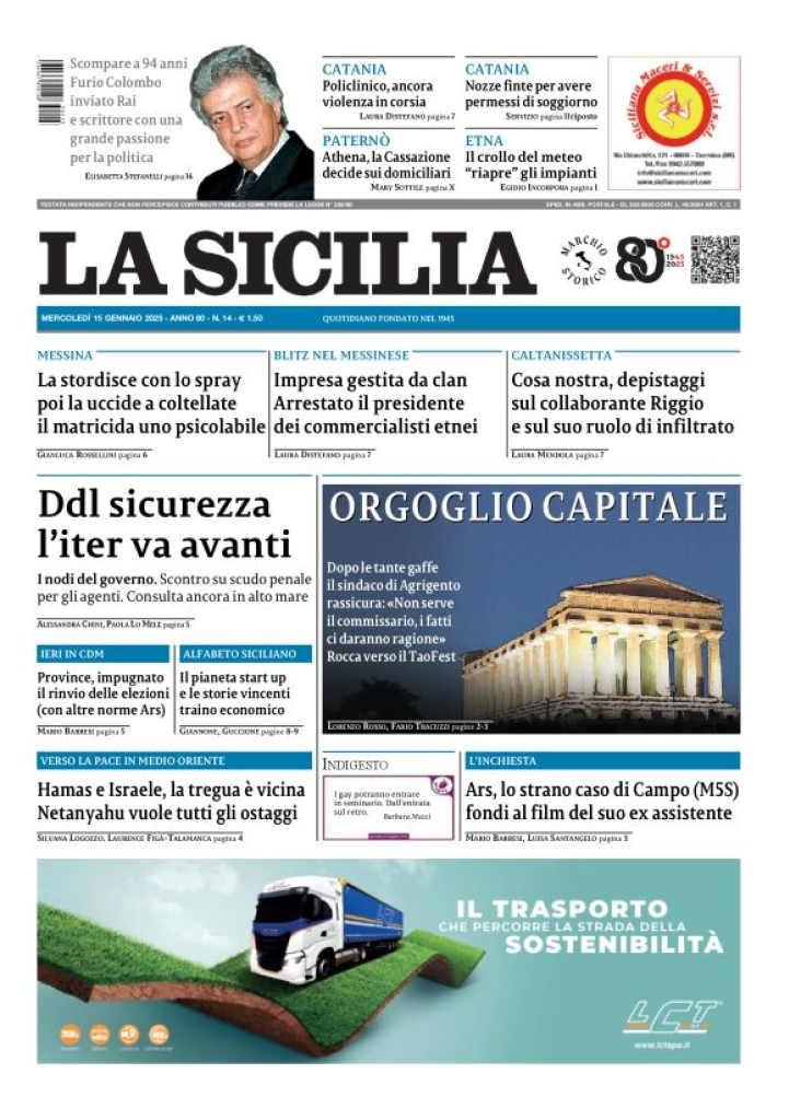 Prima-pagina-la-sicilia-edizione-palermo-di-oggi-15-01-2025